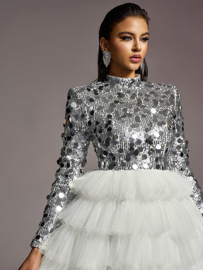 Additional product view of Layered Hem Sequin Bodice Tulle Mock-Neck Long-Sleeve Wedding Dress