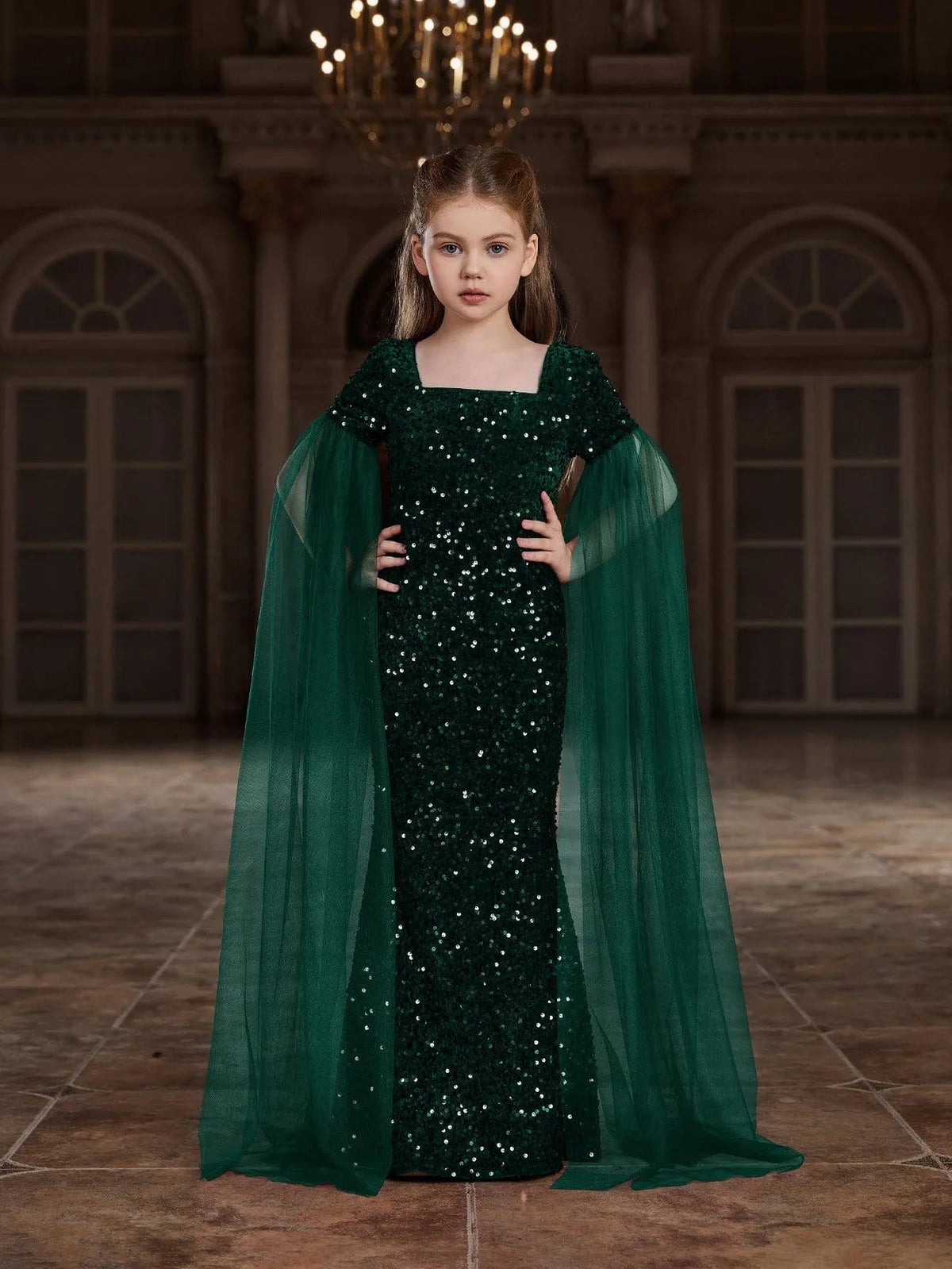 Additional product view of Cloak-Sleeve Square-Neck Sequin Mermaid Maxi Tween Girls' Party Dress
