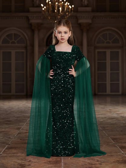Additional product view of Cloak-Sleeve Square-Neck Sequin Mermaid Maxi Tween Girls' Party Dress
