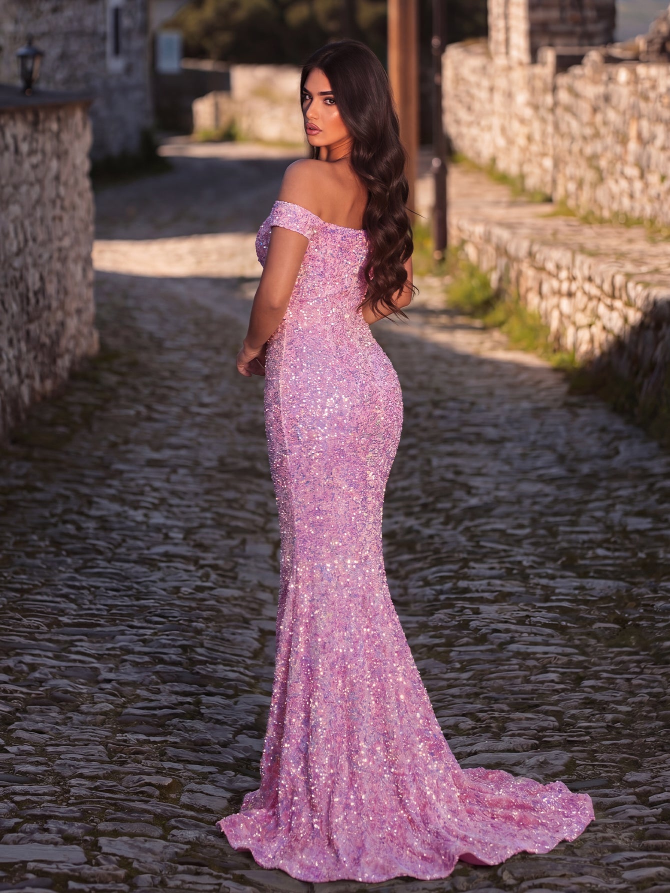 Additional product view of High-Slit Off-Shoulder Sequin Mermaid Short-Sleeve Evening Gown