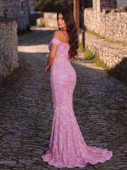 Additional product view of High-Slit Off-Shoulder Sequin Mermaid Short-Sleeve Evening Gown