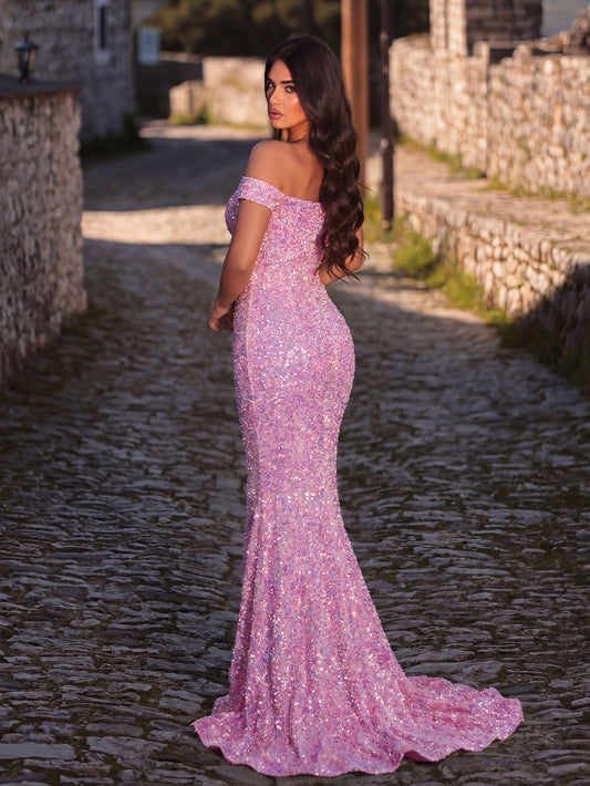 Additional product view of High-Slit Off-Shoulder Sequin Mermaid Short-Sleeve Evening Gown