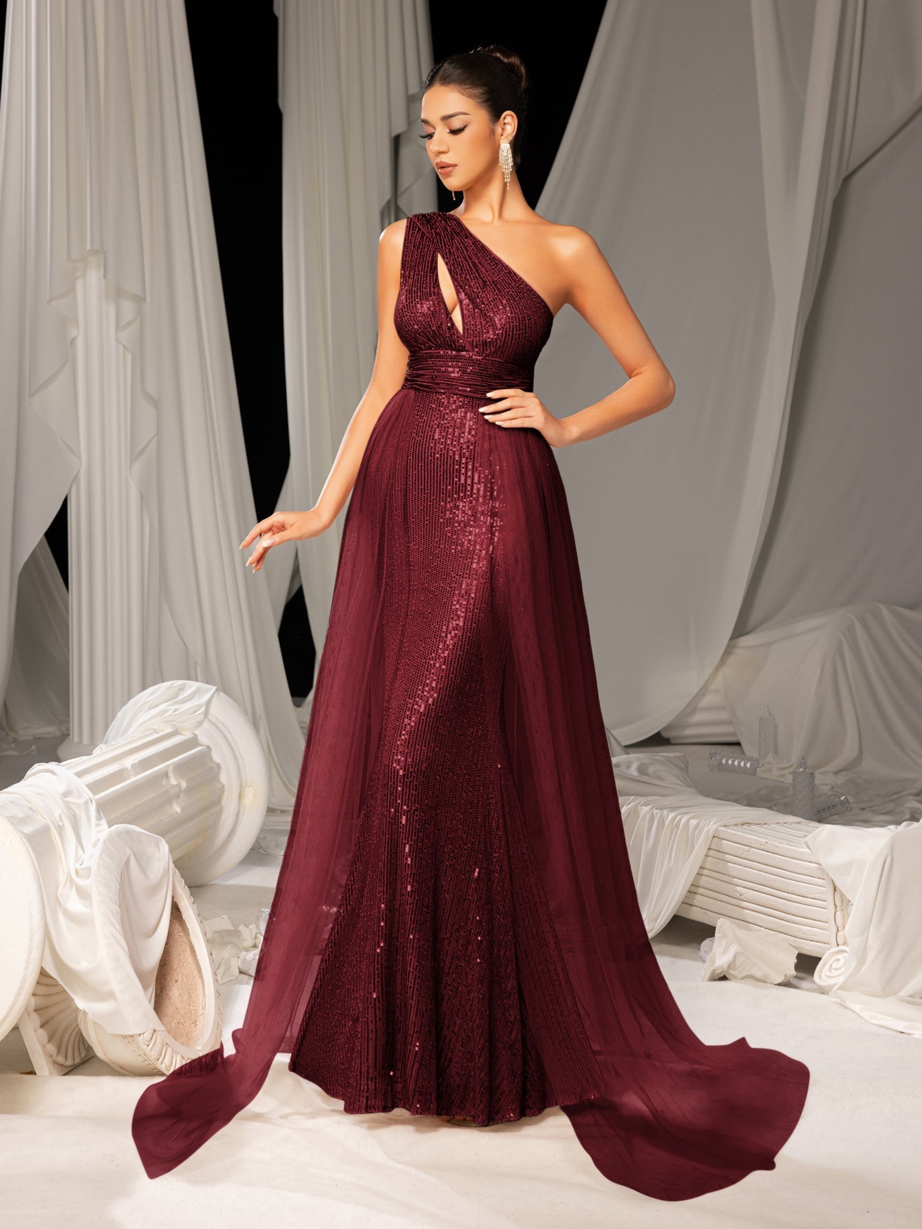 Additional product view of Mesh Overlay One-Shoulder Sequin Mermaid Sleeveless Evening Gown