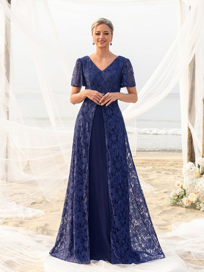 Additional view of Navy Blue V-Neck Lace Floral A-Line Mother of the Bride Dress
