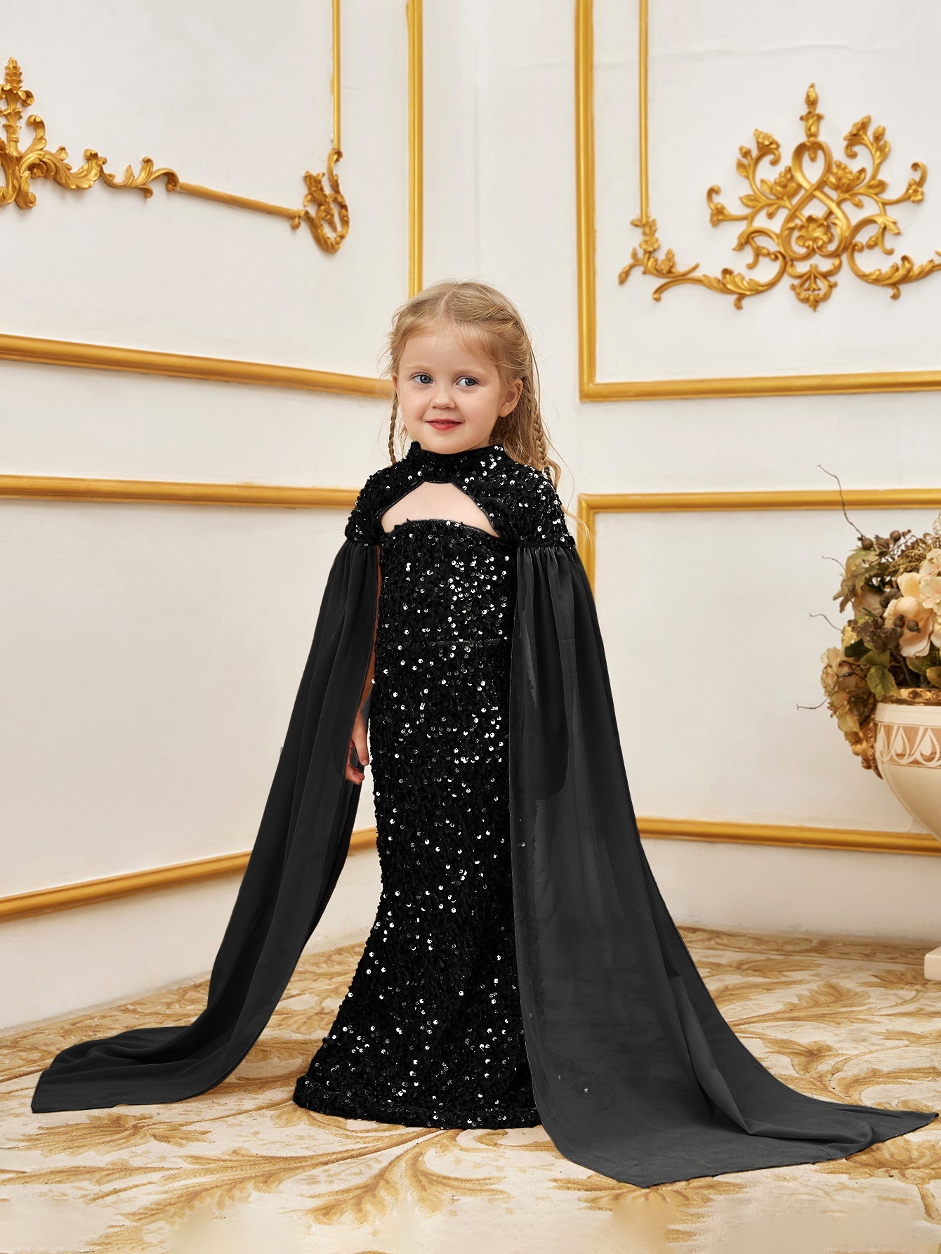Additional product view of Cape-Sleeve Mock-Neck Sequin Mermaid Maxi Young Girls' Party Dress