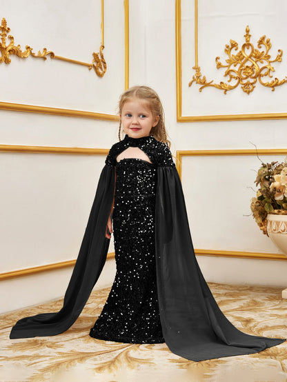 Additional product view of Cape-Sleeve Mock-Neck Sequin Mermaid Maxi Young Girls' Party Dress