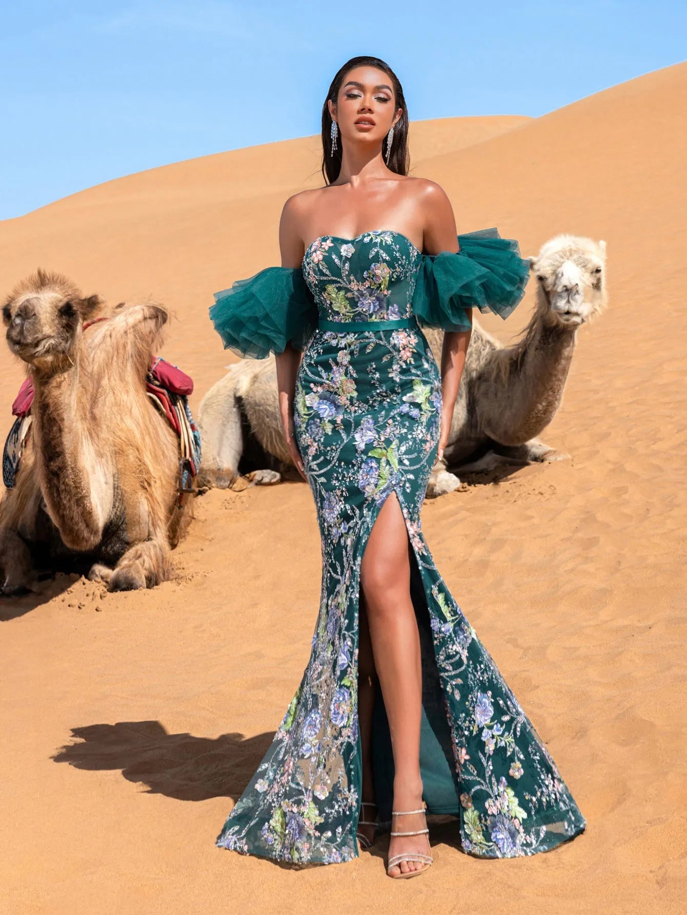 Luxury Strapless Ruffle Sleeve Mermaid Hem Floral Beaded Seuqin Evening Dress — authorized product image 6