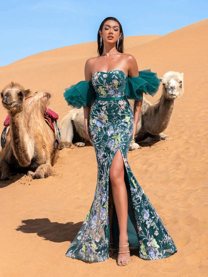 Luxury Strapless Ruffle Sleeve Mermaid Hem Floral Beaded Seuqin Evening Dress — authorized product image 6