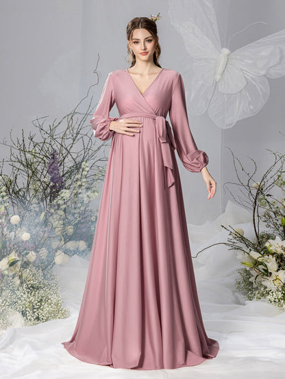 Maternity V-Neck Bow Long-Sleeve A-Line Evening Gown — authorized product image 10