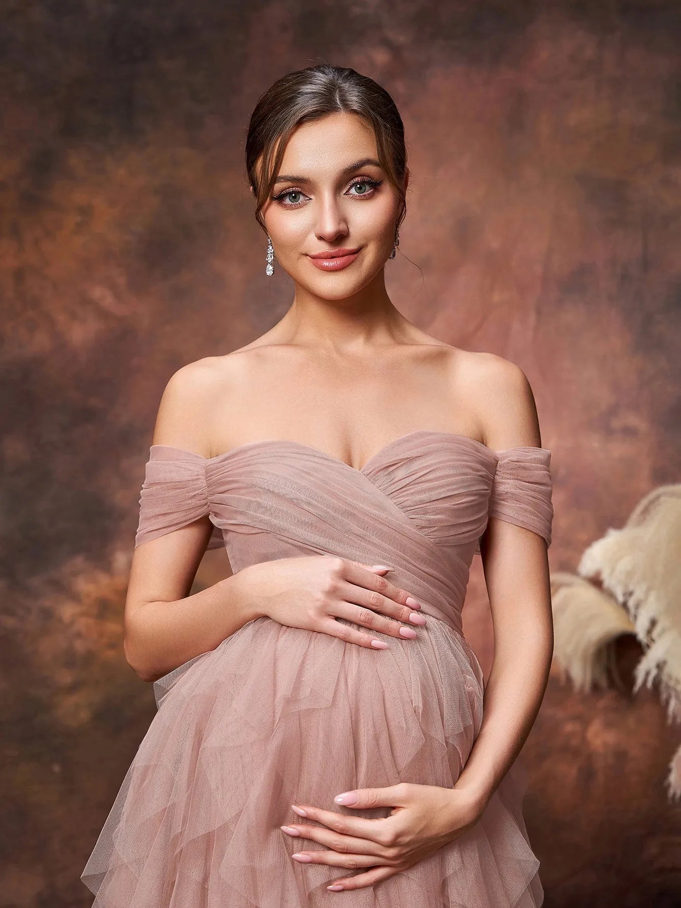 Maternity Off-Shoulder Tulle Short-Sleeve A-Line Evening Gown — authorized product image 6