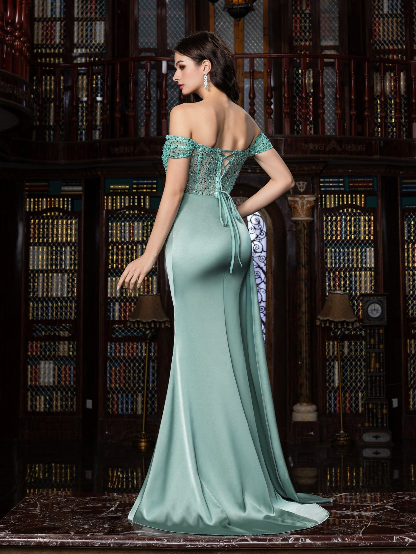 Elegant Off-Shoulder Gown with High Slit & Beaded Bodice – Luxury Satin Evening Wear for Red Carpet, Formal Galas & Luxury Weddings, XS-XL
