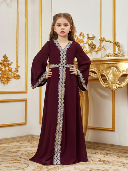 Tween Girls' Lace Trim Decoration V-neck Flare Sleeve Chiffon Party Dress — authorized product image 5