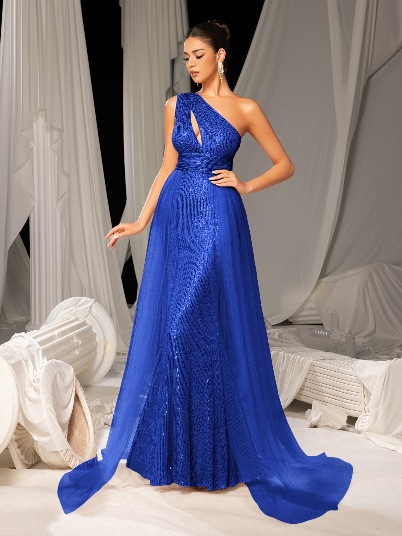 Additional product view of Mesh Overlay One-Shoulder Sequin Mermaid Sleeveless Evening Gown