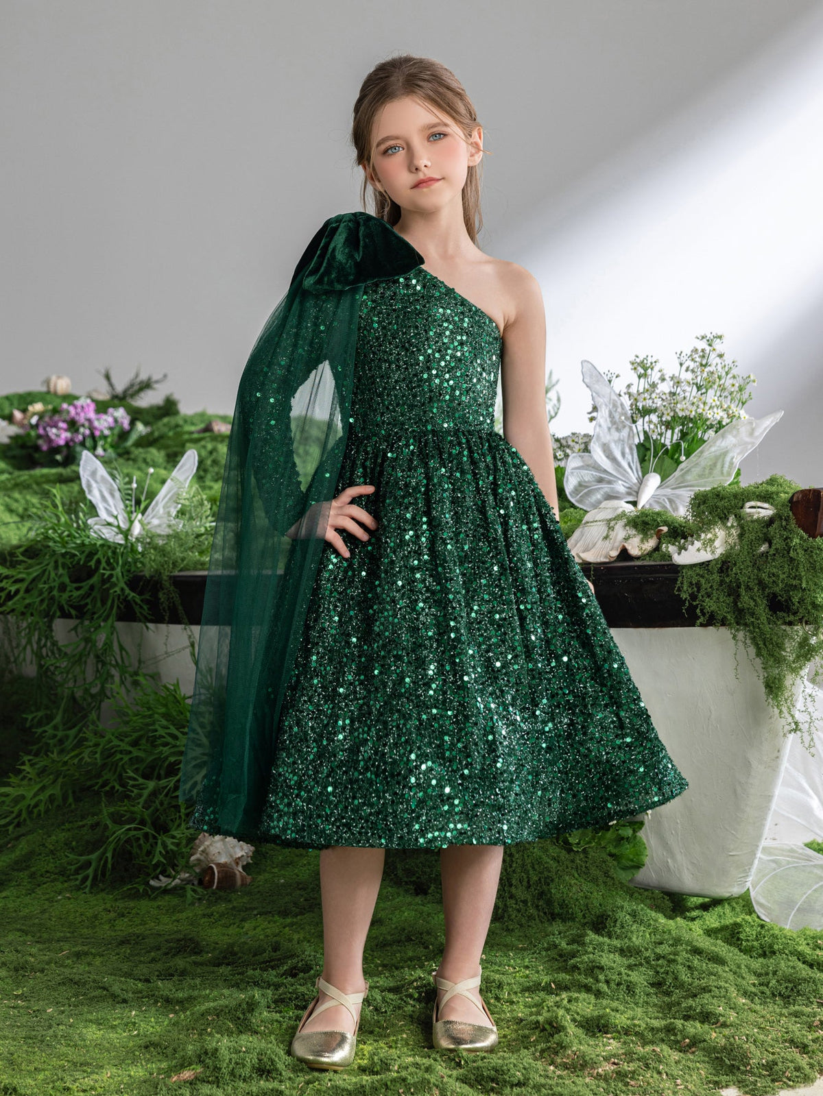 Additional product view of Bow Detail One-Shoulder Sequin A-Line Midi Tween Girls' Party Dress