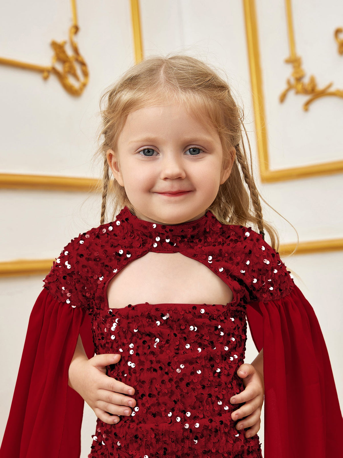 Additional product view of Cape-Sleeve Mock-Neck Sequin Mermaid Maxi Young Girls' Party Dress