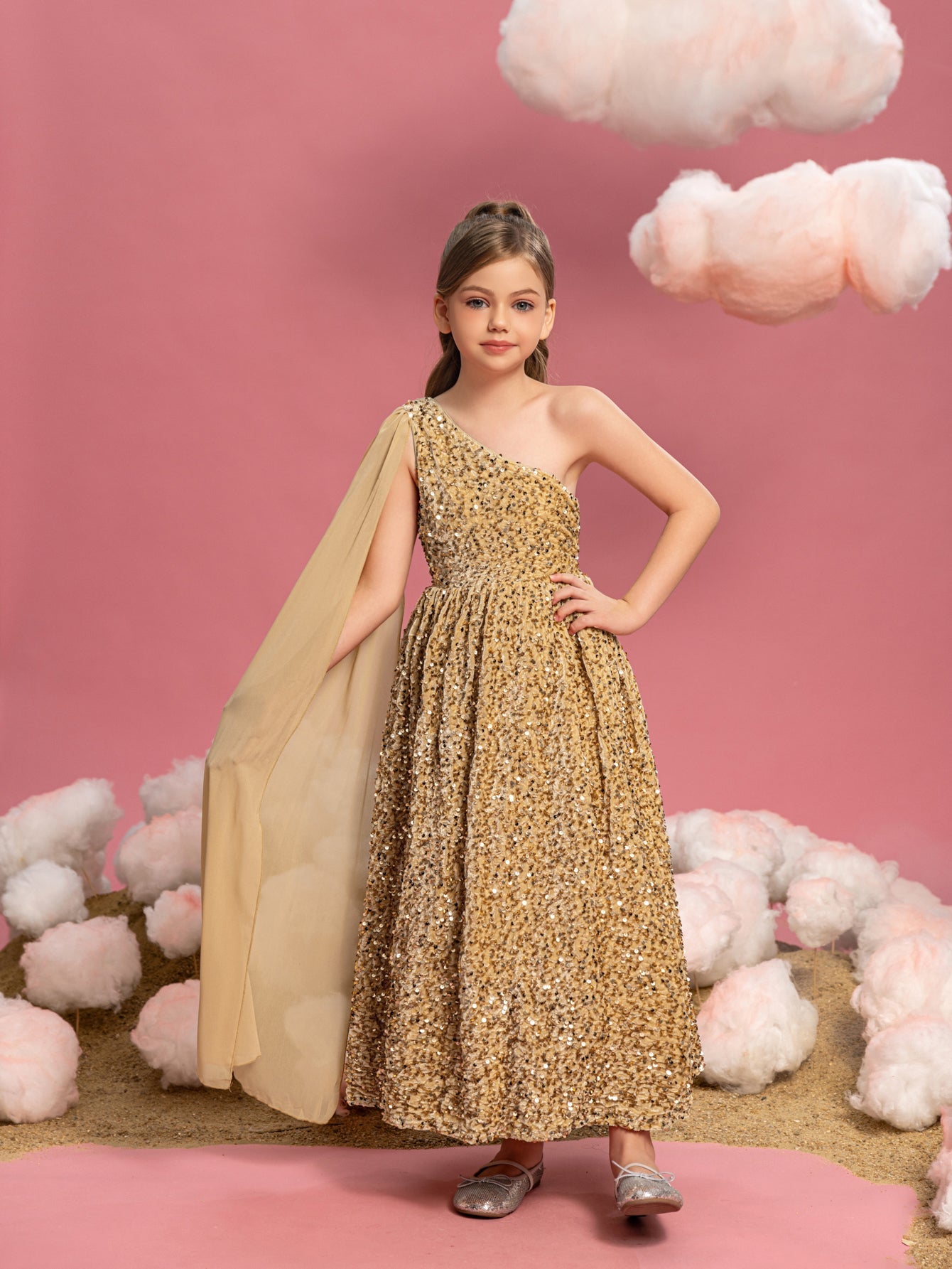 Tween Girls' One-Shoulder Draped Side Sequin A-Line Dress — authorized product image 10