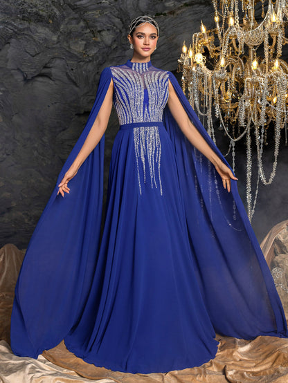 Elegant Chiffon Evening Gown with Beaded Sequin Embroidery Vertical Stripes, Cape-Style Sleeves, Flowy Skirt and Waist Belt Accent – view 6