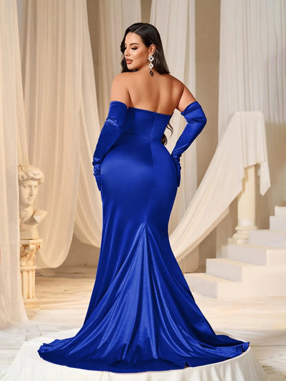 Plus Ruched Wrap Hem Satin Tube Prom Dress（Gloves Included） – view 2