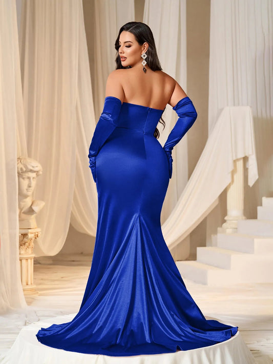 Plus Ruched Wrap Hem Satin Tube Prom Dress（Gloves Included） – view 2