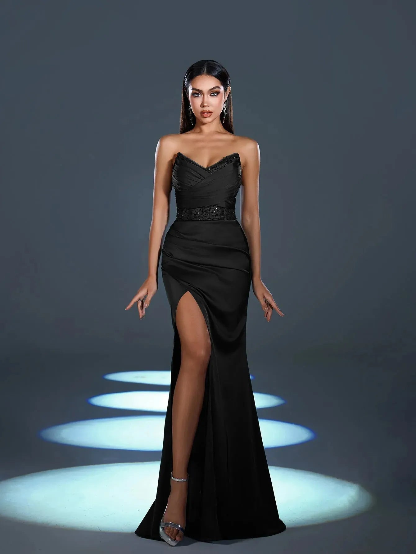 Additional product view of High-Slit Strapless Satin Sequin Mermaid Evening Gown