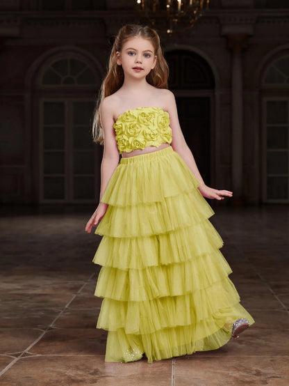 Additional product view of Strapless Mesh 3D-Flower A-Line Sleeveless Girls' Two-Piece Formal Set