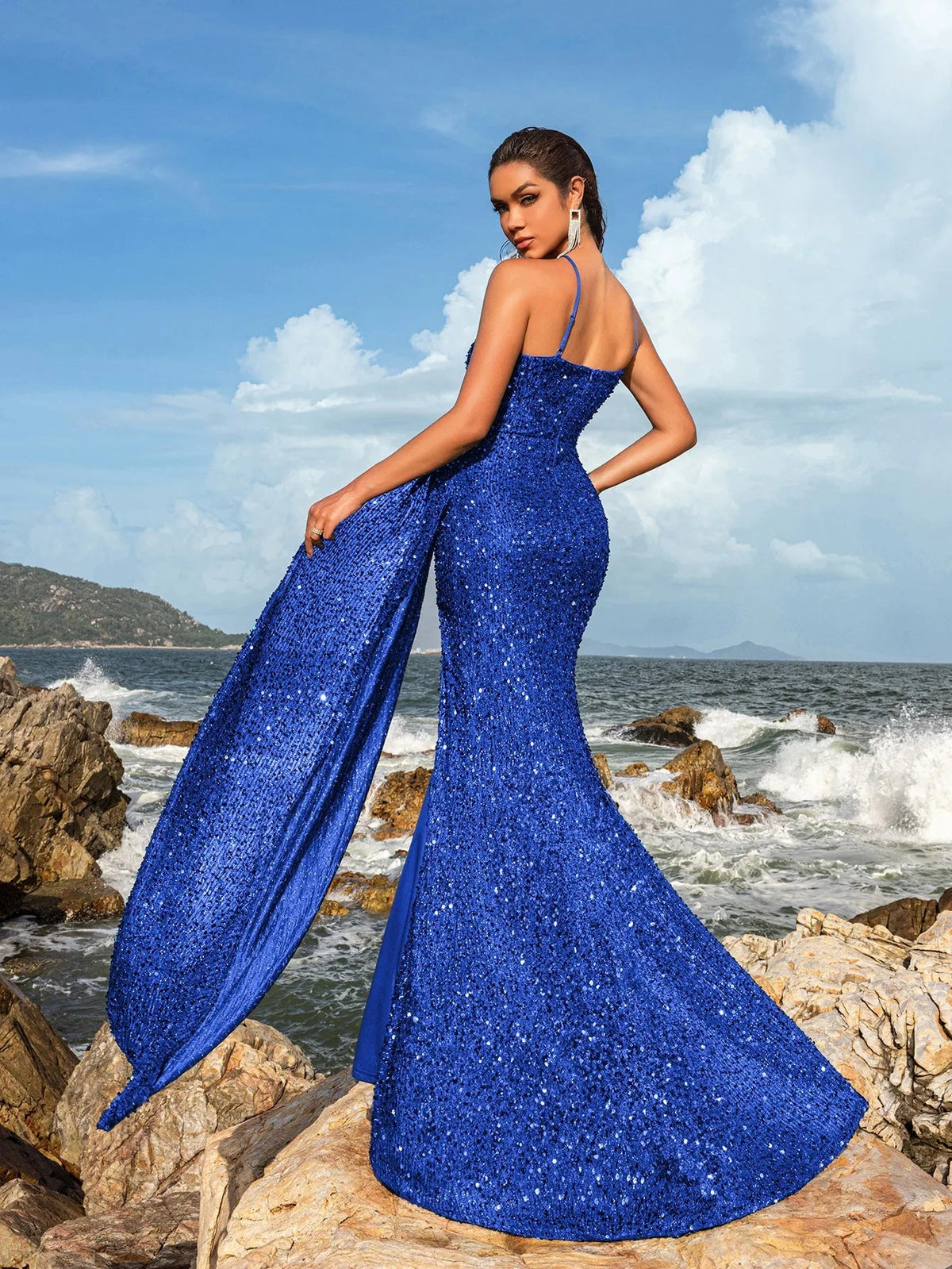 Additional product view of Asymmetrical Spaghetti Strap Sequin Mermaid Sleeveless Evening Gown