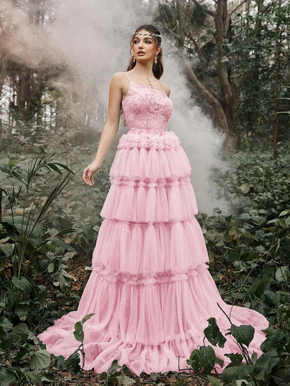 One-Shoulder Sequin Tulle Sleeveless A-Line Evening Gown — authorized product image 7