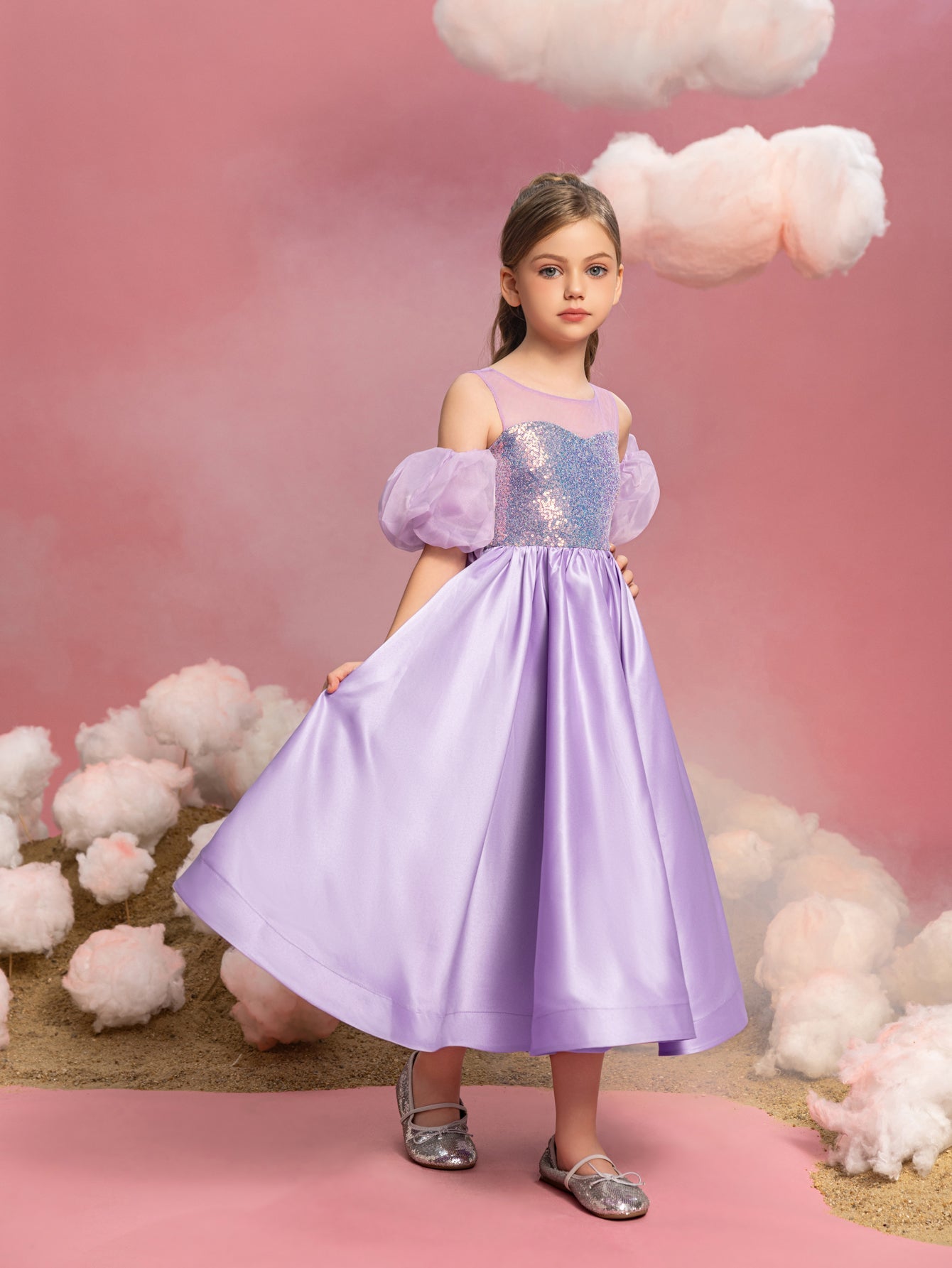 Additional product view of Puff-Sleeve Sequin A-Line Satin Midi Tween Girls' Party Dress