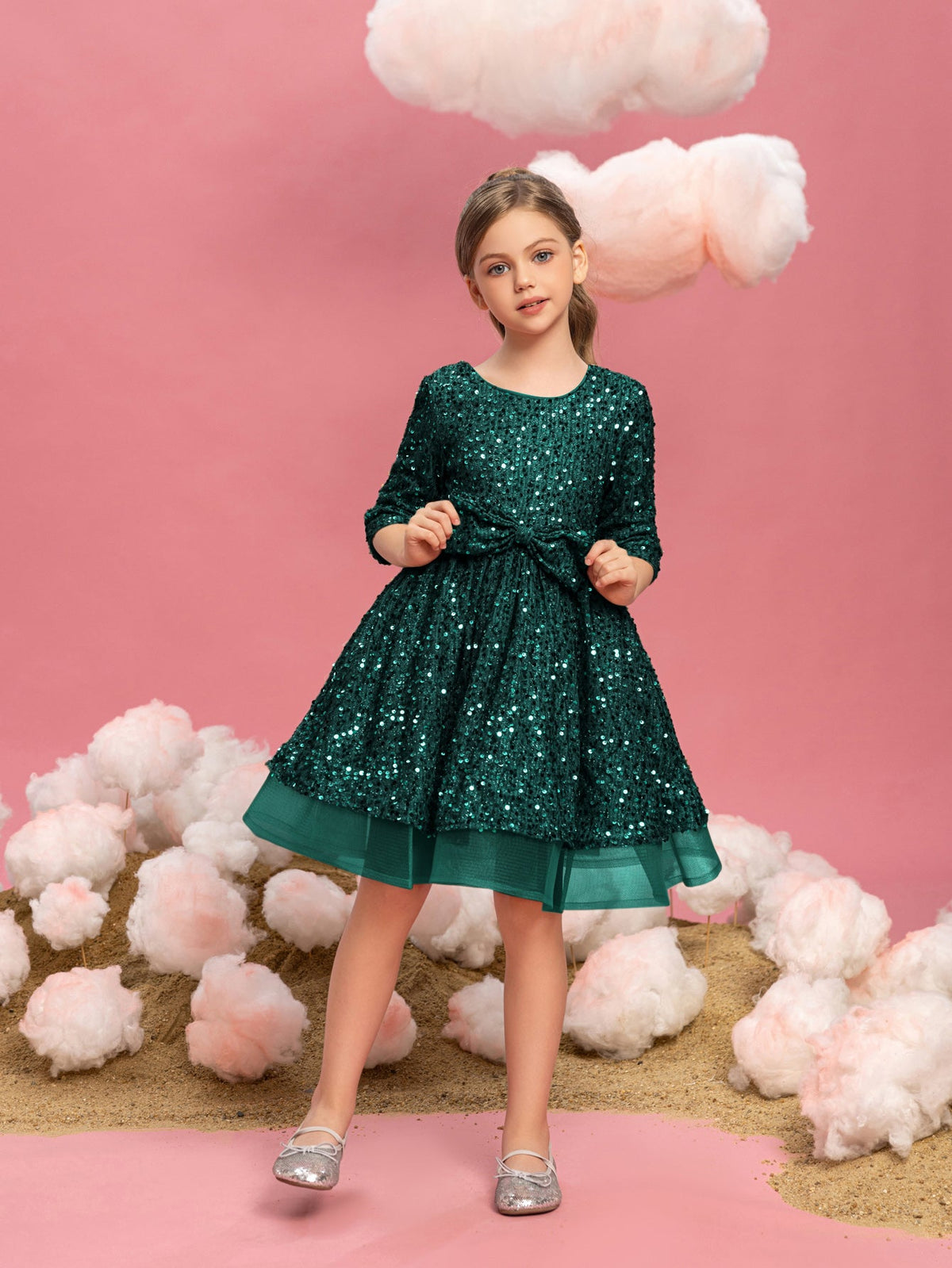 Additional product view of Three-Quarter-Sleeve Bow Detail Sequin A-Line Midi Tween Girls' Party Dress