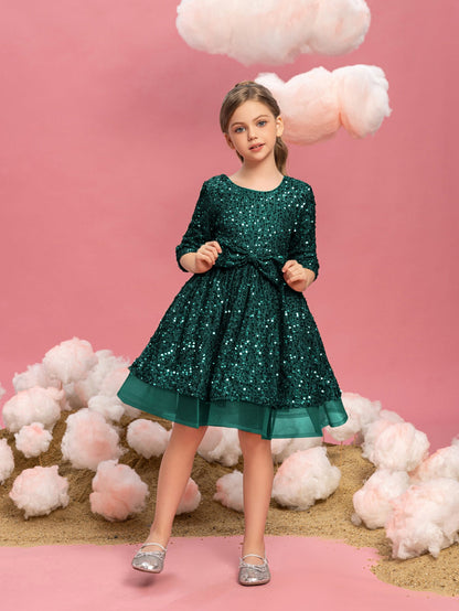 Additional product view of Three-Quarter-Sleeve Bow Detail Sequin A-Line Midi Tween Girls' Party Dress