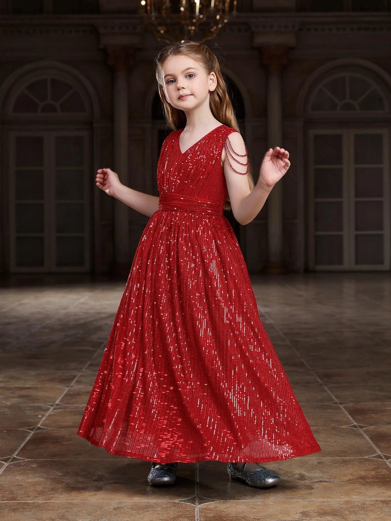 Additional product view of V-Neck Sequin A-Line Sleeveless Maxi Tween Girls' Party Dress