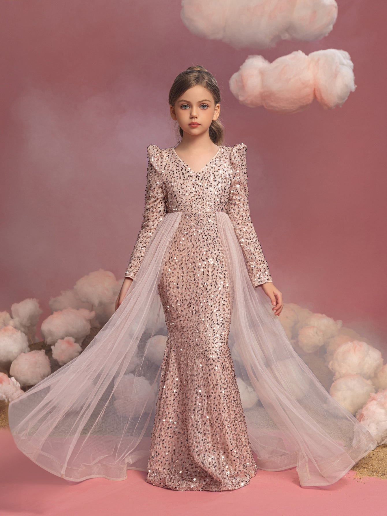Alternate view of Mesh Overlay V-Neck Sequin Mermaid Long-Sleeve Tween Girls' Party Dress in Champagne