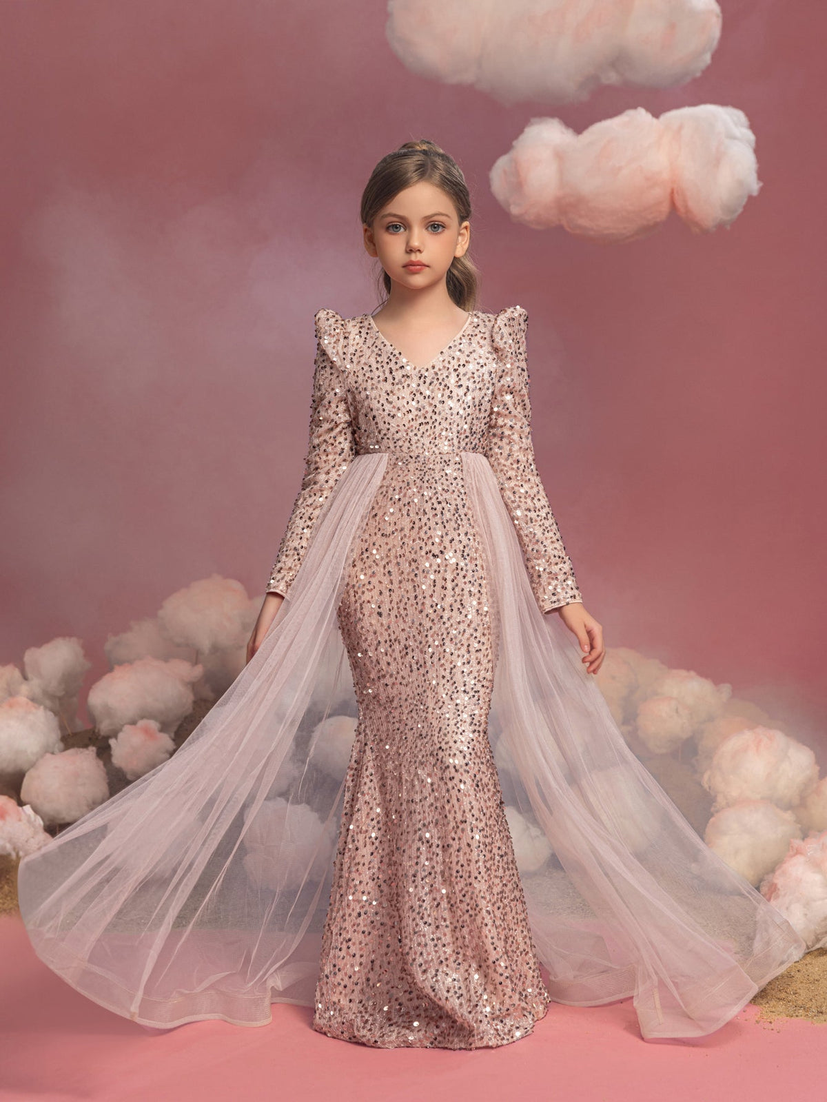 Alternate view of Mesh Overlay V-Neck Sequin Mermaid Long-Sleeve Tween Girls' Party Dress in Champagne