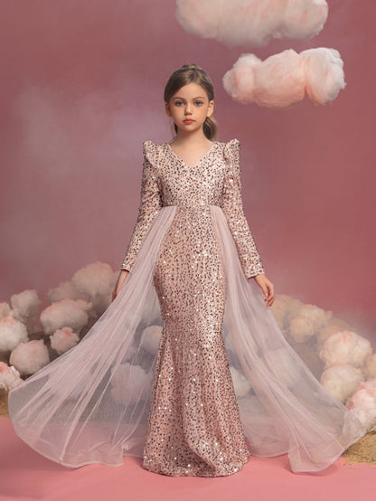 Alternate view of Mesh Overlay V-Neck Sequin Mermaid Long-Sleeve Tween Girls' Party Dress in Champagne