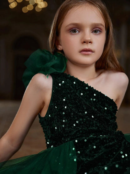 Additional product view of Layered Hem One-Shoulder Sequin A-Line Sleeveless Tween Girls' Party Dress