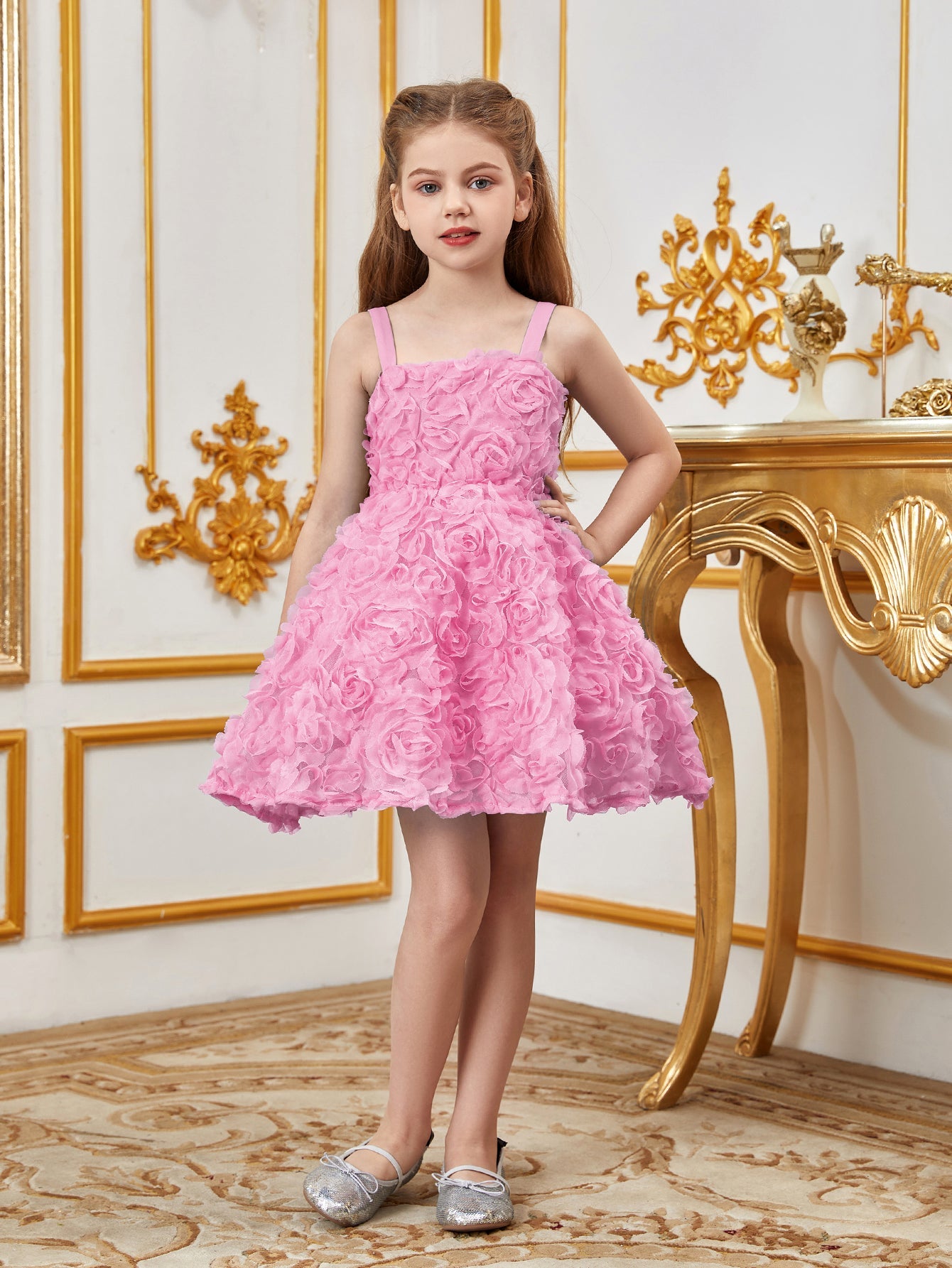 Additional product view of Floral Appliqué Cami Strap A-Line Sleeveless Mesh Tween Girls' Party Dress