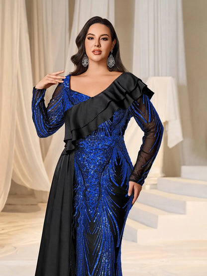 Plus Asymmetrical Ruffle Trim Mermaid Hem Graphic Sequin Formal Dress Evening Dress