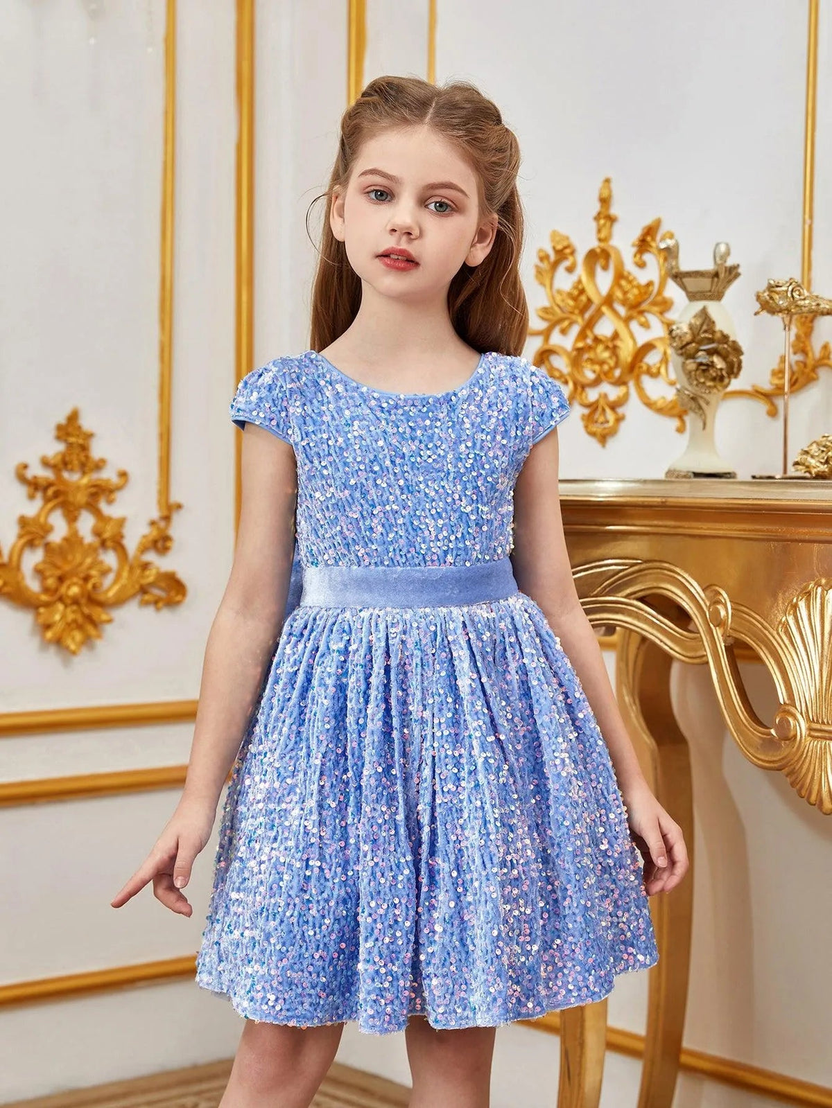 Alternate view of Bow-Back Sequin A-Line Short-Sleeve Midi Tween Girls' Party Dress in Light Blue