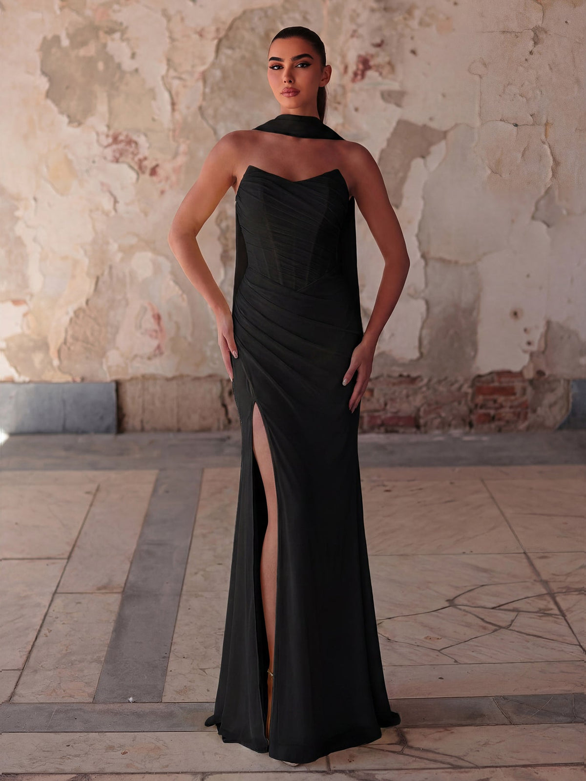 Additional product view of Lace-Up Back Strapless High-Slit Mermaid Sleeveless Evening Gown