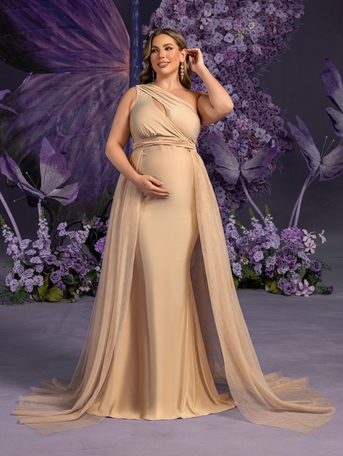 Additional product view of Contrast Mesh Plus-Size One-Shoulder Knit Mermaid Maternity Evening Dress