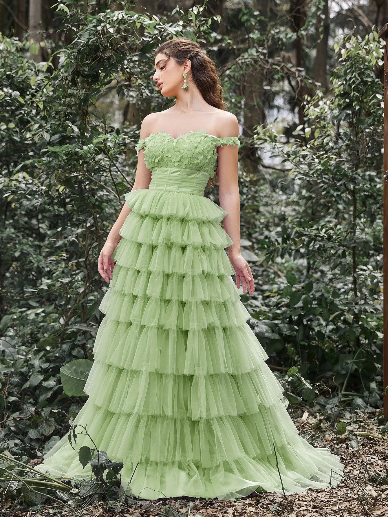 Off-Shoulder Applique Bodice Cascading Ruffle Hem Prom Dress — authorized product image 11