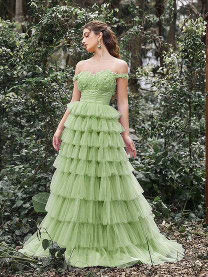Off-Shoulder Applique Bodice Cascading Ruffle Hem Prom Dress — authorized product image 11