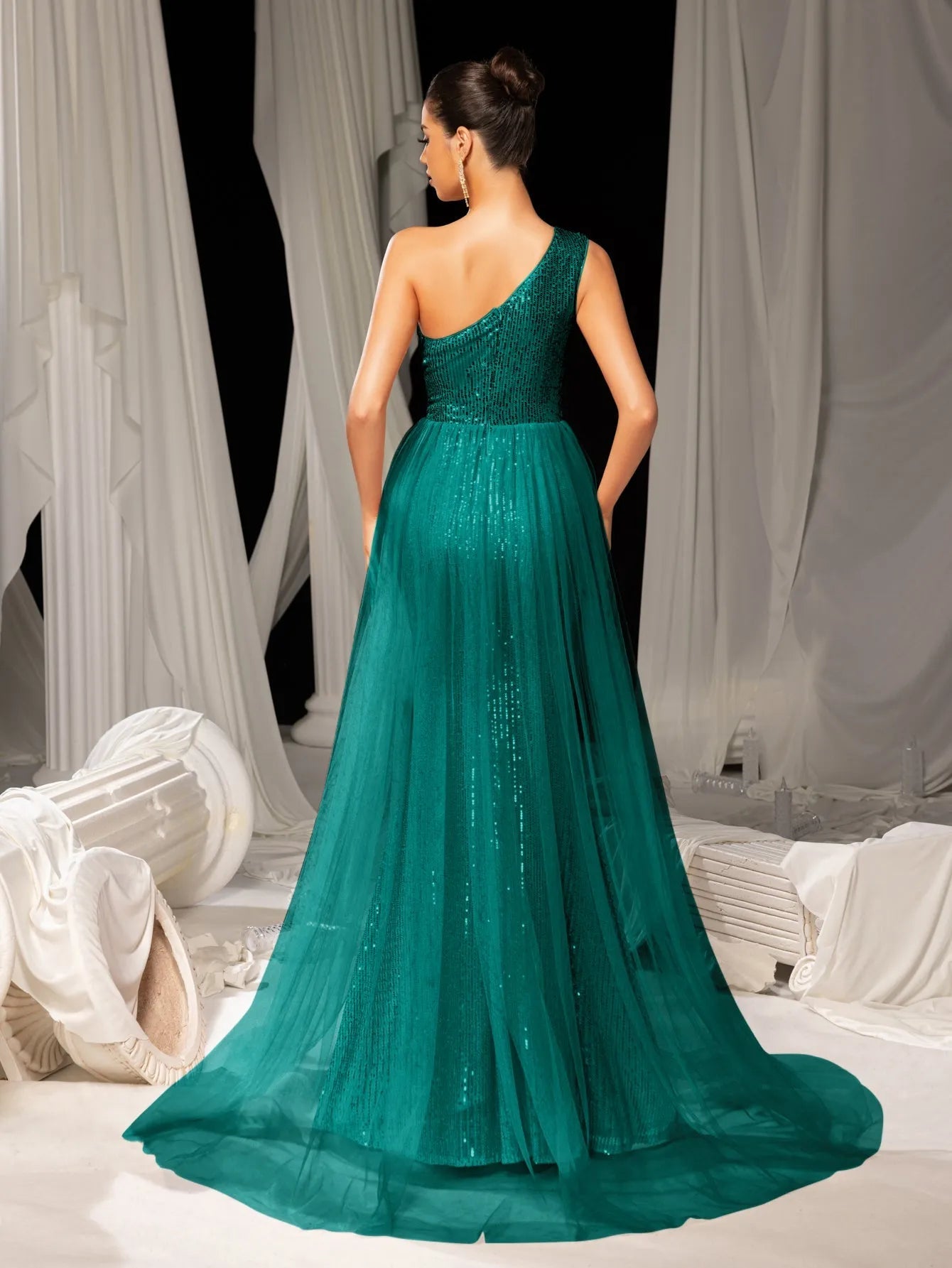 Additional product view of Mesh Overlay One-Shoulder Sequin Mermaid Sleeveless Evening Gown