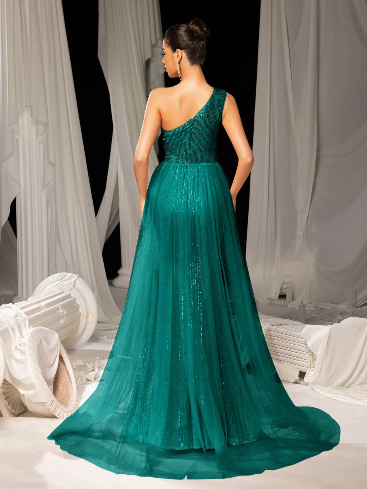 Additional product view of Mesh Overlay One-Shoulder Sequin Mermaid Sleeveless Evening Gown