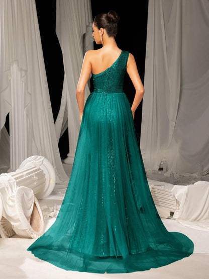 Additional product view of Mesh Overlay One-Shoulder Sequin Mermaid Sleeveless Evening Gown