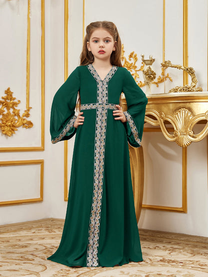 Tween Girls' Lace Trim Decoration V-neck Flare Sleeve Chiffon Party Dress — authorized product image 9