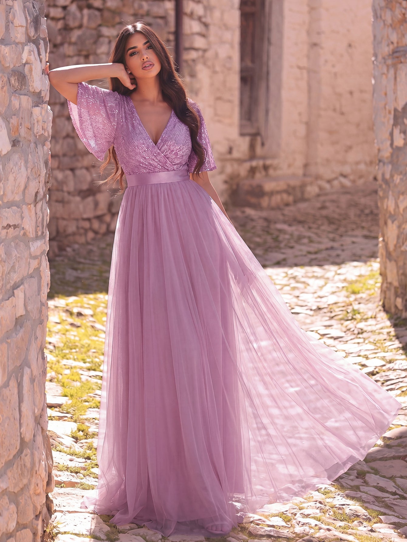 Additional product view of Surplice-Neck V-Neck Mesh Sequin A-Line Evening Gown