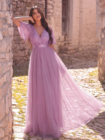Additional product view of Surplice-Neck V-Neck Mesh Sequin A-Line Evening Gown