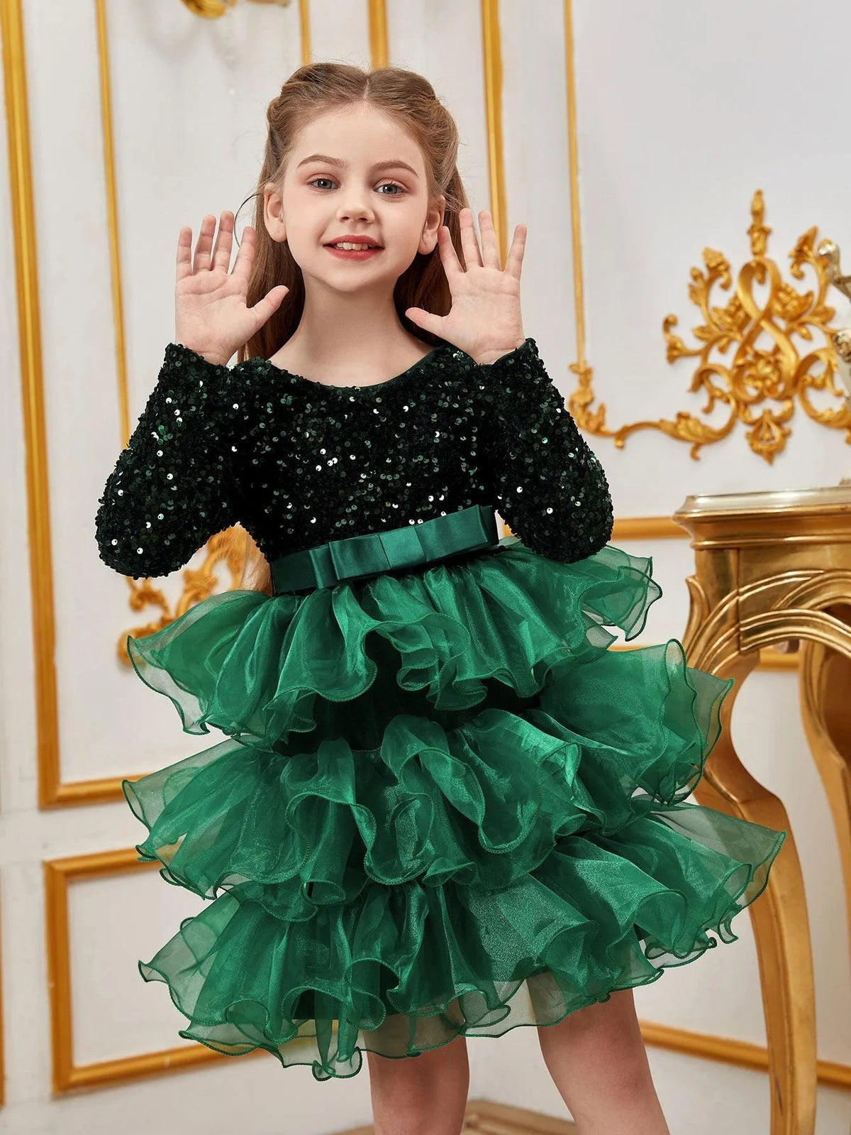 Additional product view of Sequin A-Line Long-Sleeve Midi Tween Girls' Party Dress