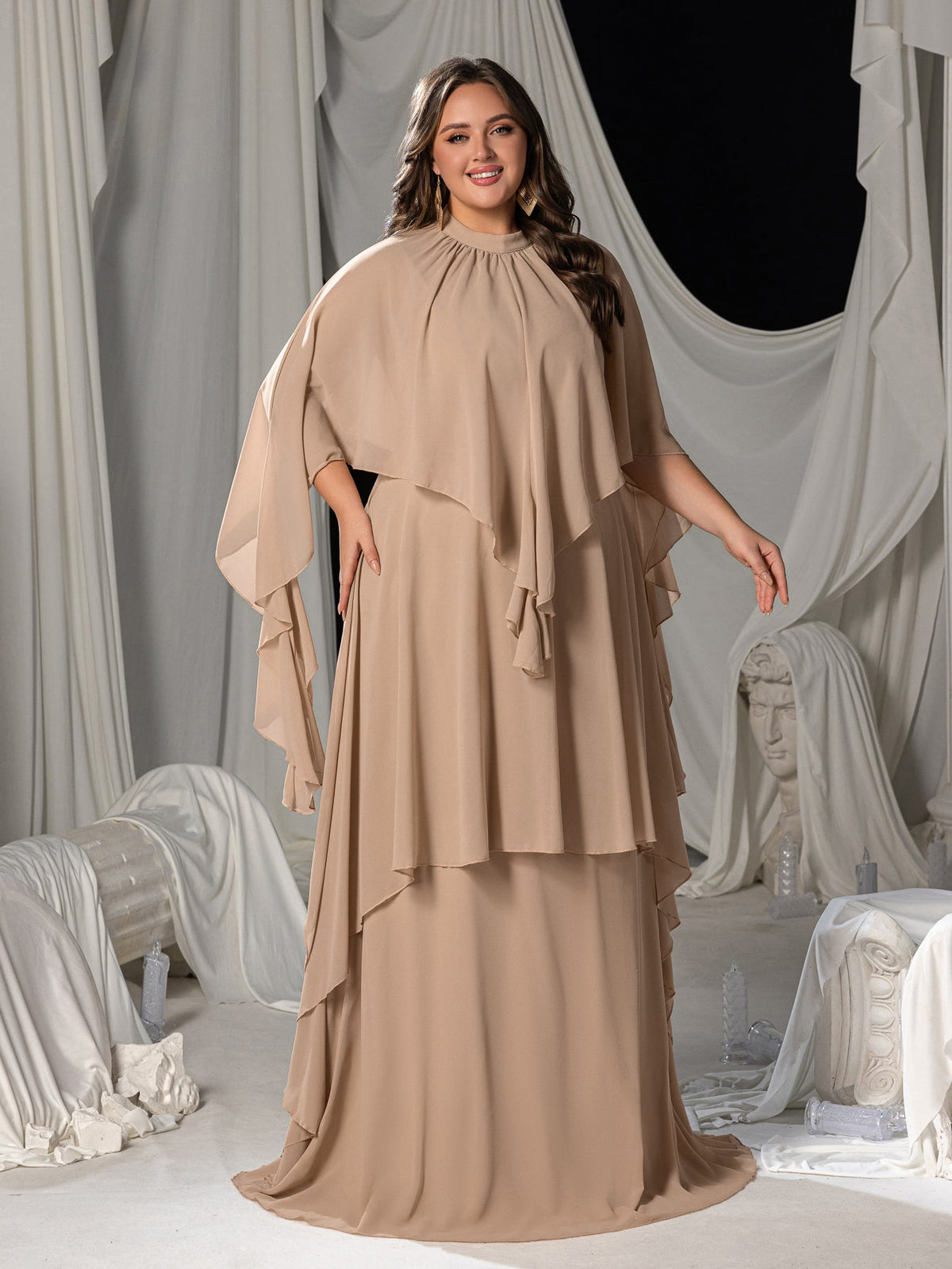 Plus Mock Neck Layered Hem Chiffon Evening Dress